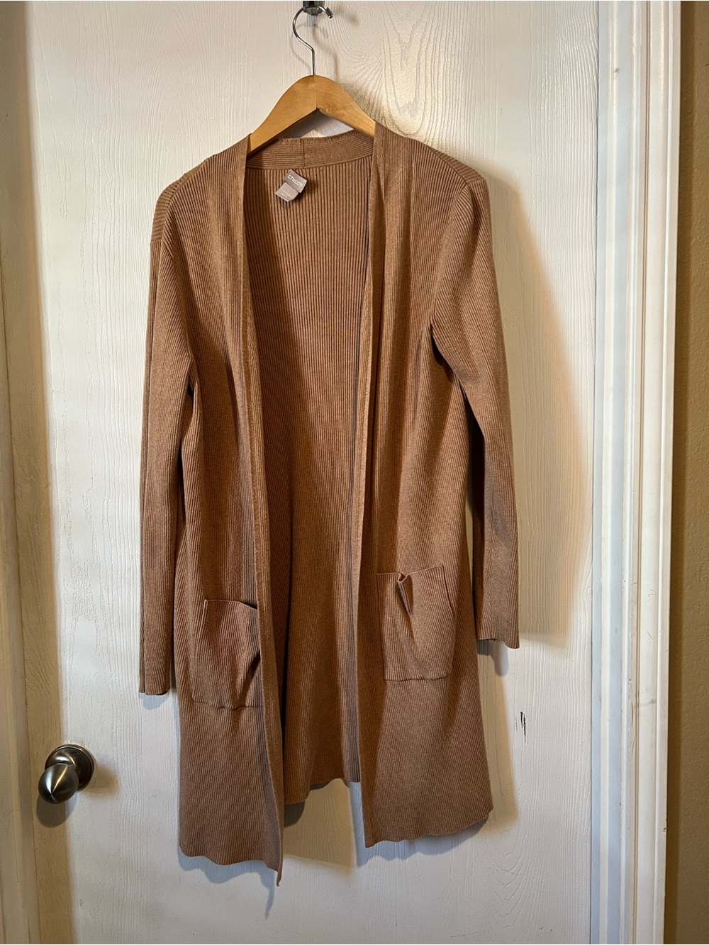 Chico's tan beige ribbed open front long sleeve cardigan sweater women Sz 1 M